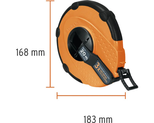 Ruletă cu o lungime de 20 de metri și dimensiunile de 168 mm înălțime și 183 mm lățime.