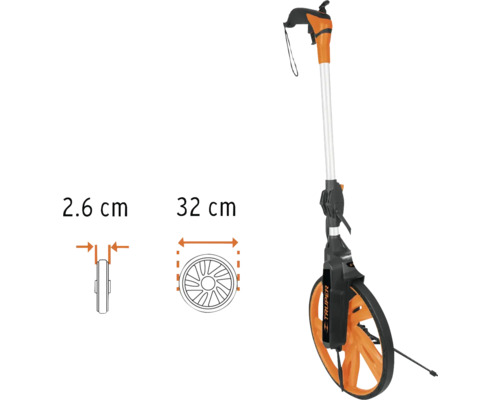 Telemetru cu roată cu dimensiunile de 2,6 cm și 32 cm.