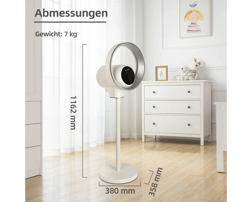 Imagine a unui ventilator cu informații despre greutate și dimensiuni.