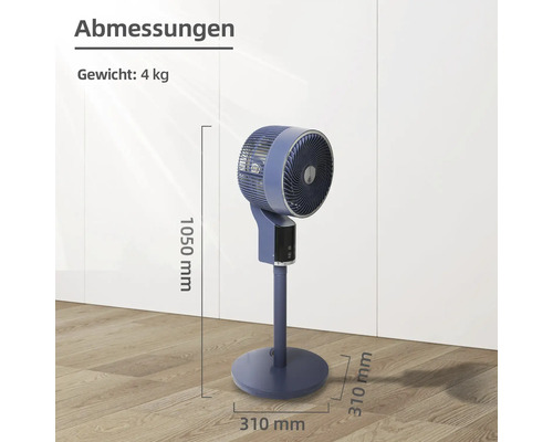 Ventilator de podea cu dimensiunile indicate: înălțime 1050 mm, diametru bază 310 mm, greutate 4 kg