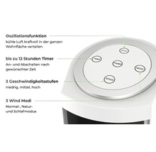 Panou de control al unui ventilator cu diferite funcții, cum ar fi temporizator, trepte de viteză și moduri de vânt