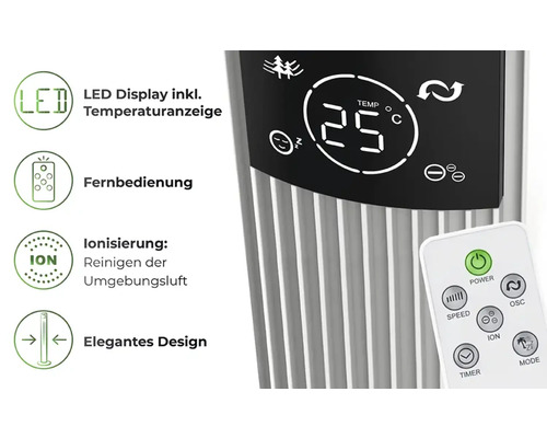 Ventilator tip turn cu afișaj cu led, telecomandă și funcție de ionizare