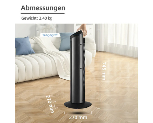 Imagine cu un ventilator turn cu dimensiunile de înălțime și diametru al bazei.
