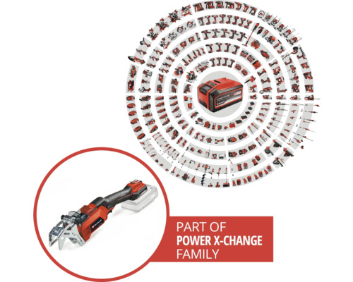 Gama de acumulatori Einhell Power X-Change cu ferăstrău de grădină și acumulator în centru