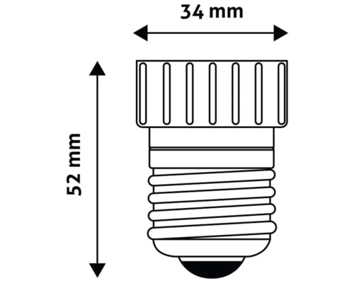 Desen tehnic al unui bec E14 cu dimensiunile de 34 milimetri lățime și 52 milimetri înălțime