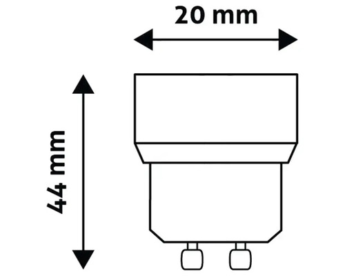Desen al unei lămpi cu dimensiunile: 20 milimetri lățime și 44 milimetri înălțime.