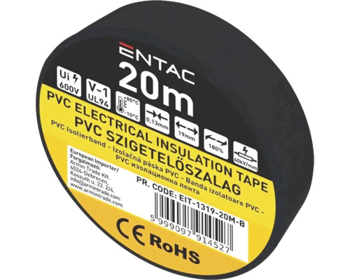 Bandă izolatoare PVC Entac 19mm x 20m, negru