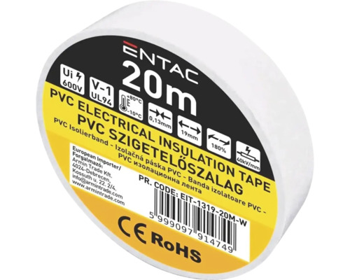 Bandă izolatoare PVC Entac 19mm x 20m, alb