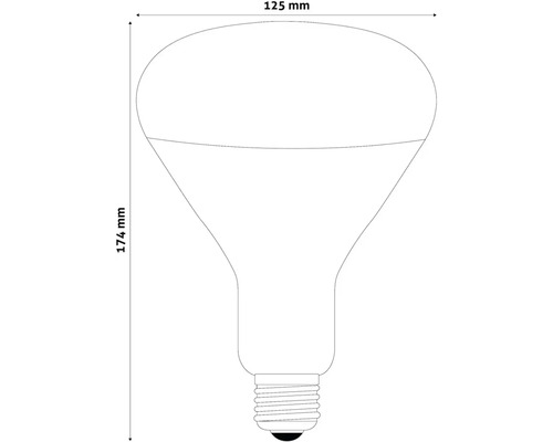 Desen al unei lămpi cu reflector cu dimensiunile de 125 mm lățime și 174 mm înălțime