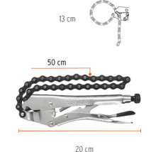 Cheie de țeavă cu lanț cu dimensiunile de 13 centimetri, 50 centimetri și 20 centimetri
