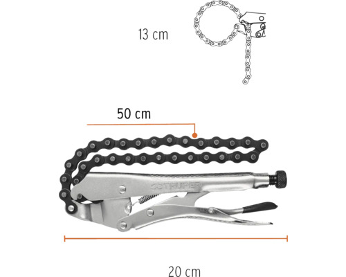 Cheie de țeavă cu lanț cu dimensiunile de 13 centimetri, 50 centimetri și 20 centimetri