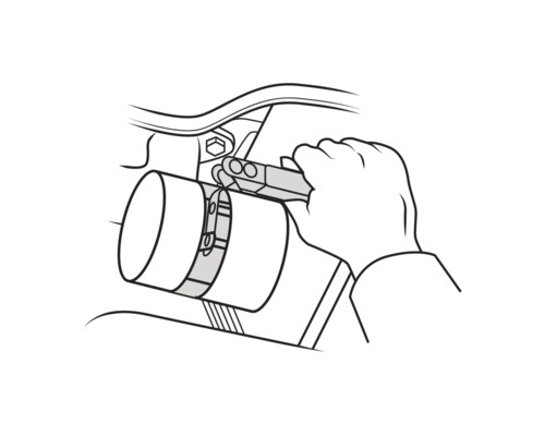 Ilustrație a unei cleme de țeavă fixate cu o unealtă