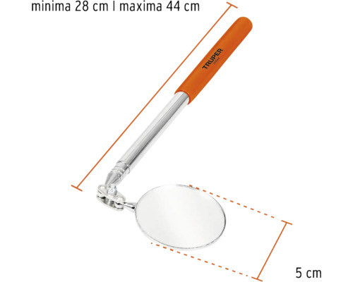 Oglindă de inspecție cu tijă telescopică, lungime minimă 28 cm, lungime maximă 44 cm, diametru oglindă 5 cm.