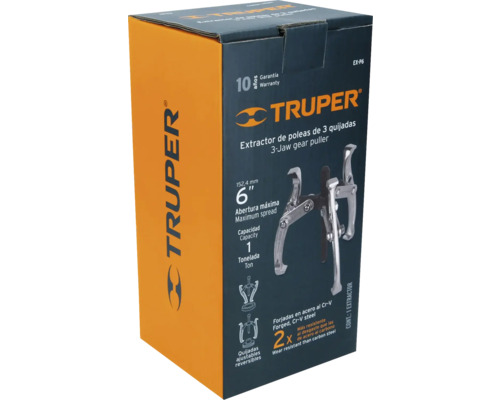 Ambalajul unui extractor cu trei fălci Truper cu o deschidere maximă de 152,4 milimetri și o capacitate de o tonă.