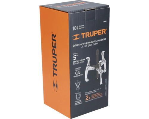 Ambalaj al unui extractor cu 3 brațe TRUPER, cu o deschidere maximă de 127 milimetri și o capacitate de 0,5 tone