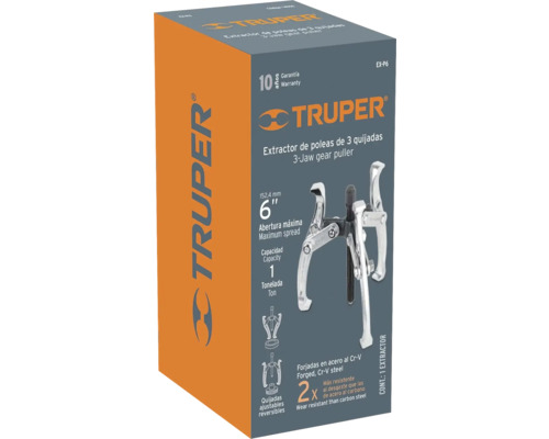 Sigla Truper. Ambalaj pentru un extractor cu trei brațe, cu o deschidere maximă de 152,4 milimetri și o capacitate de o tonă