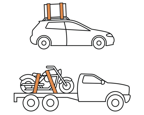 Ilustrație cu o mașină cu bagaje pe acoperiș și un camion cu o motocicletă, ambele asigurate cu chingi.