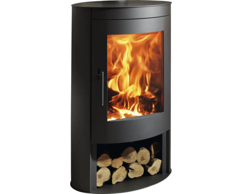 Șemineu pe lemne Panadero Oval oțel negru 8,7 kW cu spațiu depozitare lemne Șemineu cu lemne și foc
