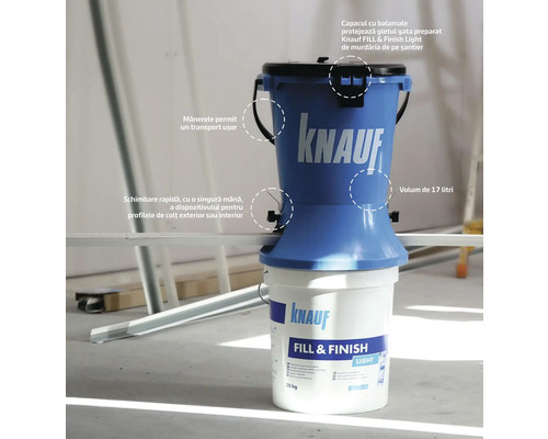 Glet gata preparat Knauf Fill and Finish Light în găleată cu conținut de 20 kilograme și adaptor pentru găleată de 17 litri