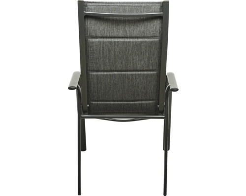 Vedere din spate a unui scaun de grădină cu brațe și tapițerie textilă