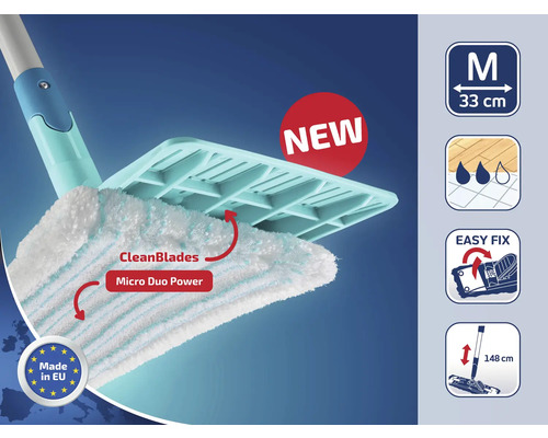 Mop cu CleanBlades și Micro Duo Power, mărime medie, lățime 33 cm, fixare ușoară, fabricat în UE