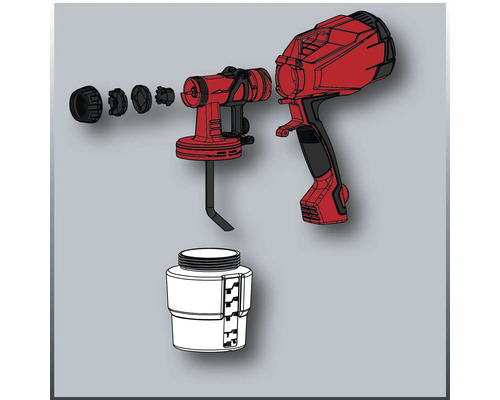 Explozie a unui pistol de pulverizare a vopselei cu accesorii și recipient pentru vopsea