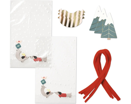 Decorație cu pungi de cadouri, șervețele, pom decorativ și eșarfă