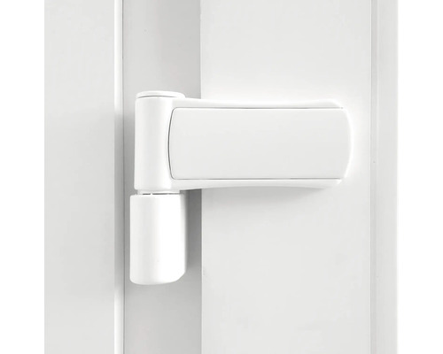 Prim-plan cu o balama de ușă albă pe o ușă.