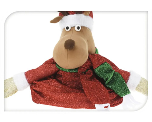 Figurină decorativă ren cu costum roșu și căciulă de Crăciun