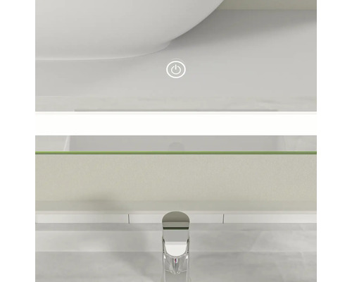 Imagine detaliată a unei chiuvete cu iluminare LED, raft de sticlă și buton rotund de pornire/oprire