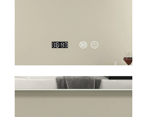 Oglindă de baie cu ceas digital și comenzi pentru încălzire și întrerupător