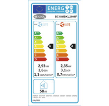 Etichetă energetică pentru un produs Be Cool cu informații despre eficiența energetică, consumul de energie și emisiile de zgomot