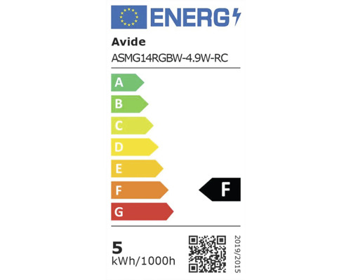 Etichetă energetică Avide ASMG14RGBW-4.9W-RC, clasa de eficiență energetică F