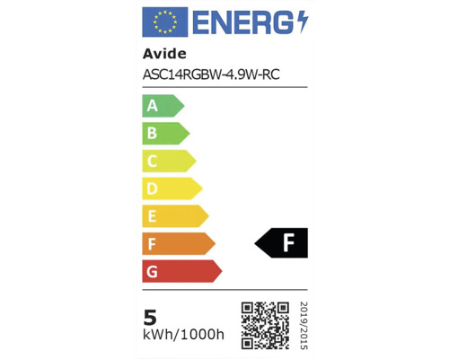 Etichetă energetică Avide ASC14RGBW-4.9W-RC, clasa de eficiență energetică F