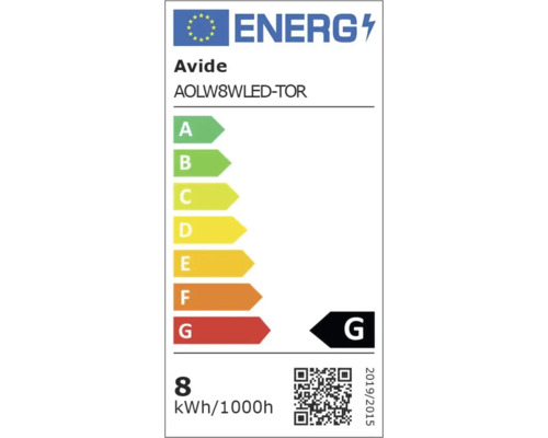 Etichetă energetică a lămpii Avide AOLW8WLED-TOR cu clasa de eficiență energetică G