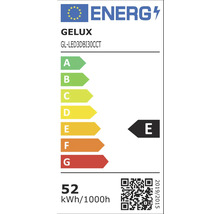 Etichetă energetică GELUX GL-LED3DBI30CCT cu clasa de eficiență energetică E și un consum de 52 kilowați oră per 1000 de ore