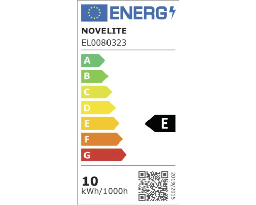 Etichetă energetică a lămpii Novelite EL0080323, clasa de eficiență energetică E, consum de energie de 10 kilowați oră la 1000 de ore