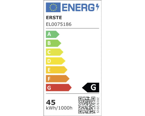 Etichetă energetică Erste EL0075186 cu clasa de eficiență energetică G și un consum de 45 kilowați-oră la 1000 de ore