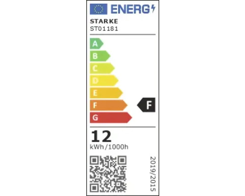 Etichetă energetică a mărcii Starke, model ST01181, clasa de eficiență energetică F, consum de energie 12 kWh la 1000 de ore