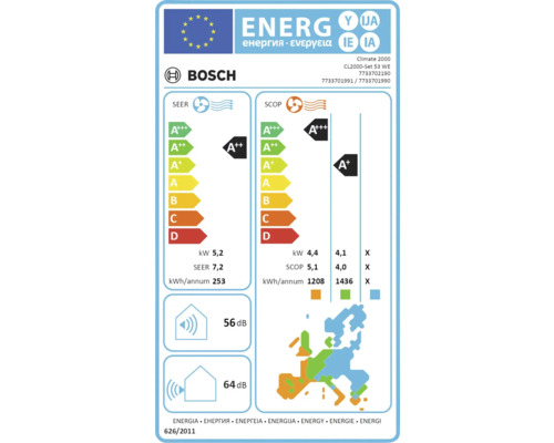 Etichetă energetică Bosch pentru aparat de aer condiționat cu informații despre eficiența energetică, consumul de energie și emisiile de zgomot