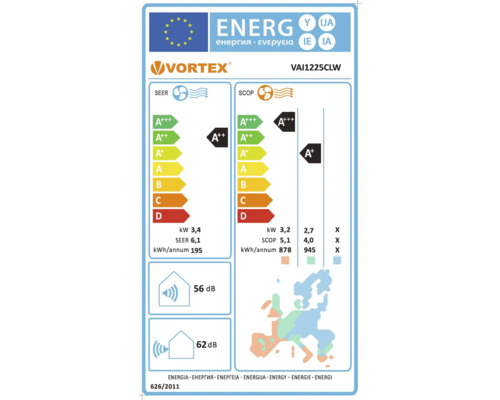 Etichetă energetică pentru un aparat de aer condiționat Vortex cu numărul de model VAI1225CLW