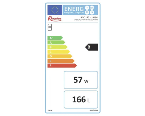 Etichetă energetică Regulus cu clasa de eficiență energetică B, 57 wați și volum de 166 litri