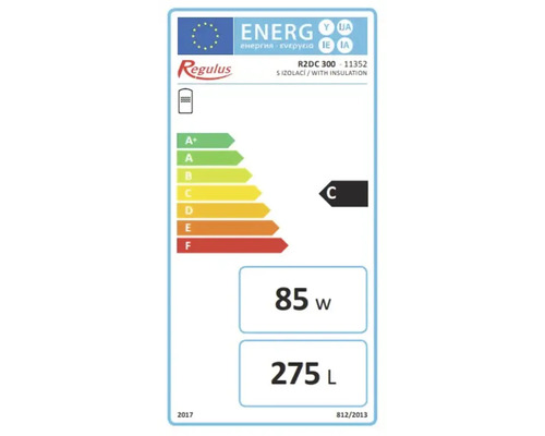 Etichetă energetică Regulus pentru boiler cu clasa de eficiență energetică C, un consum de energie de 85 wați și un volum de stocare de 275 litri.