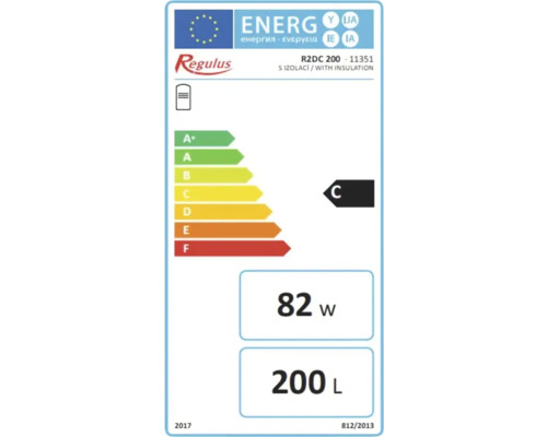 Etichetă energetică Regulus cu clasa de eficiență energetică C, volum de 200 litri și putere de 82 wați