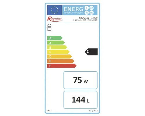 Etichetă energetică Regulus cu clasa de eficiență energetică C, 75 wați și volum de 144 litri.