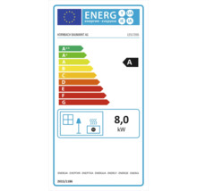 Etichetă energetică cu clasa de eficiență energetică A și un consum de 8,0 kW.
