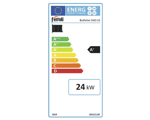 Etichetă energetică Ferroli BioPellet UNO 24 cu clasa de eficiență energetică A+