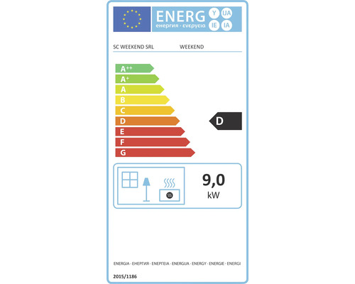 Etichetă energetică cu clasa de eficiență energetică D și un consum de energie de 9,0 kilowați de la SC WEEKEND SRL