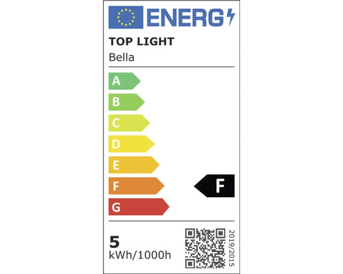 Etichetă energetică UE pentru Top Light Bella, clasa de eficiență energetică F, consum de energie 5 kilowați-oră la 1000 de ore.