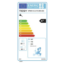 Etichetă energetică pentru TESY HPWH 4.11 FS 200 U01 cu clasa de eficiență energetică A+